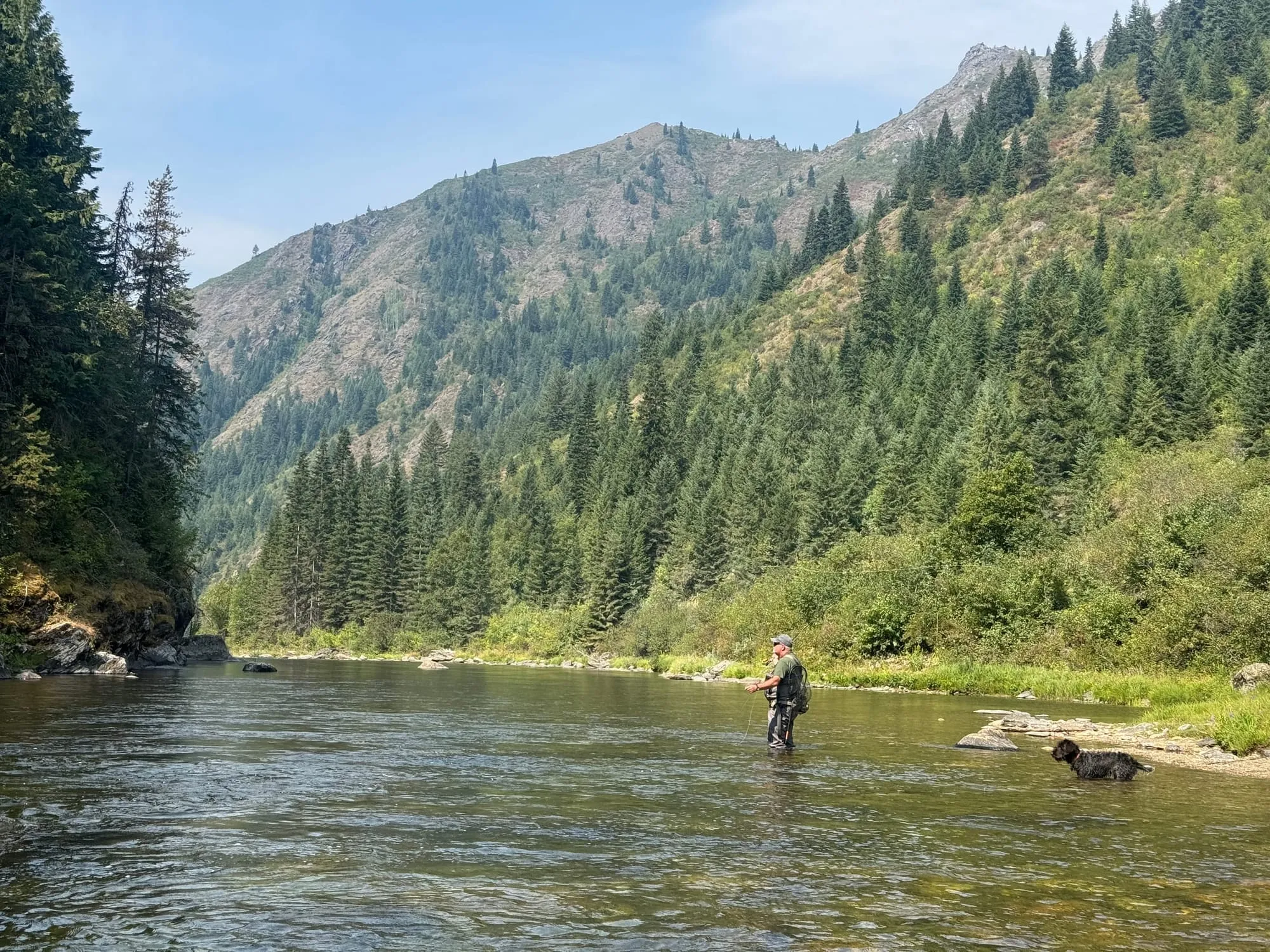 Fishing a wide river below forested mountains