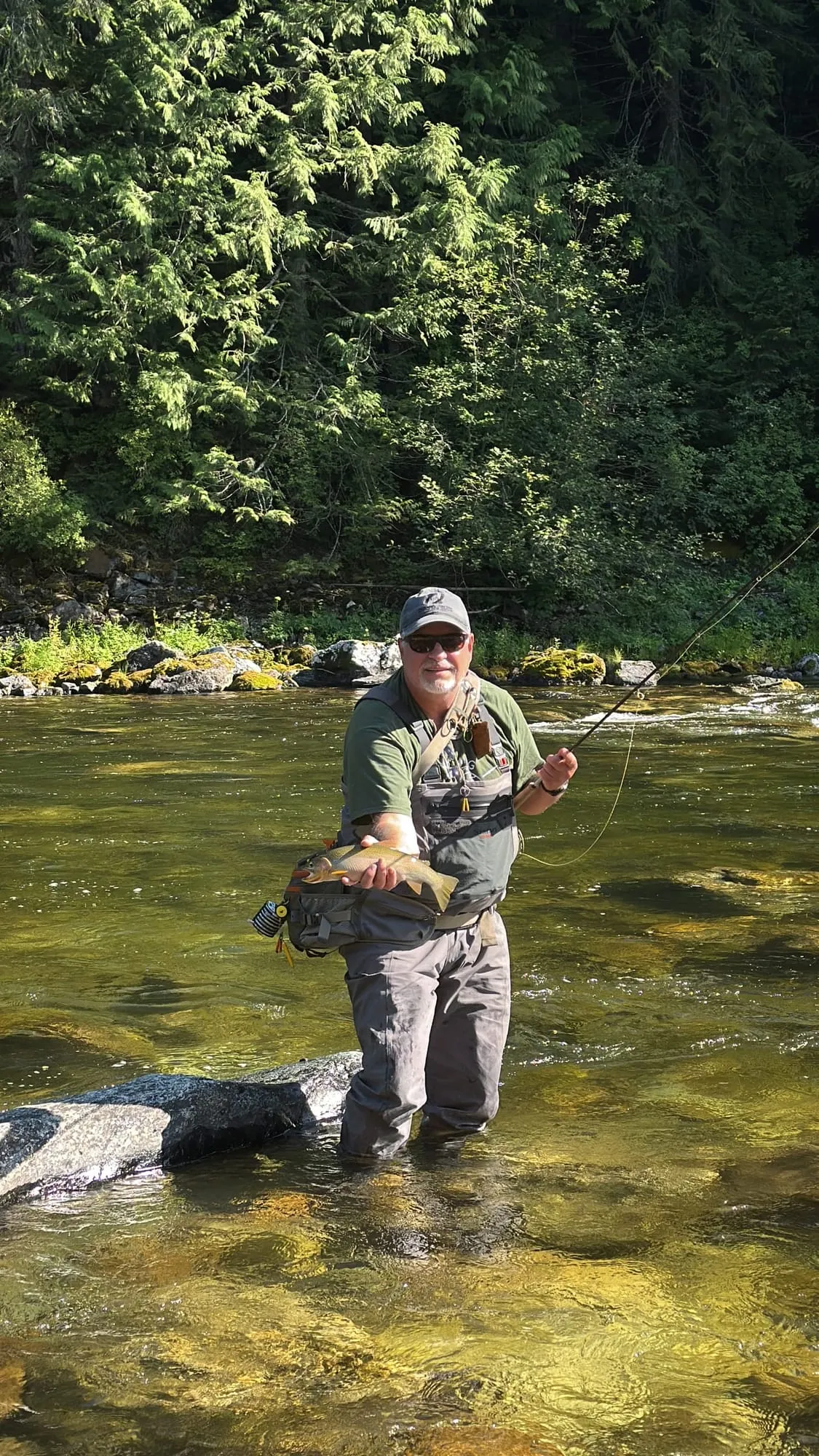 Holding up a trout in a clear forest stream