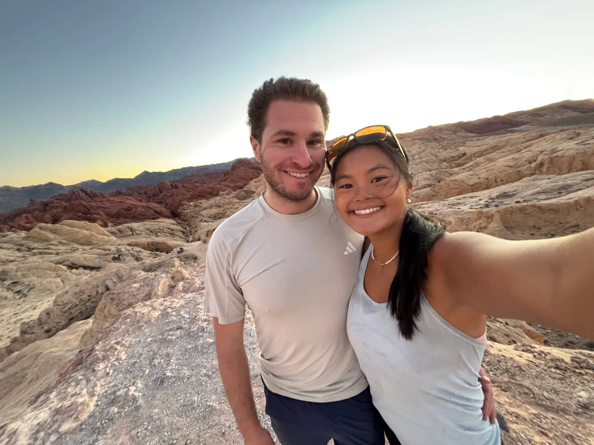 Selfie among the red rocks at sunset