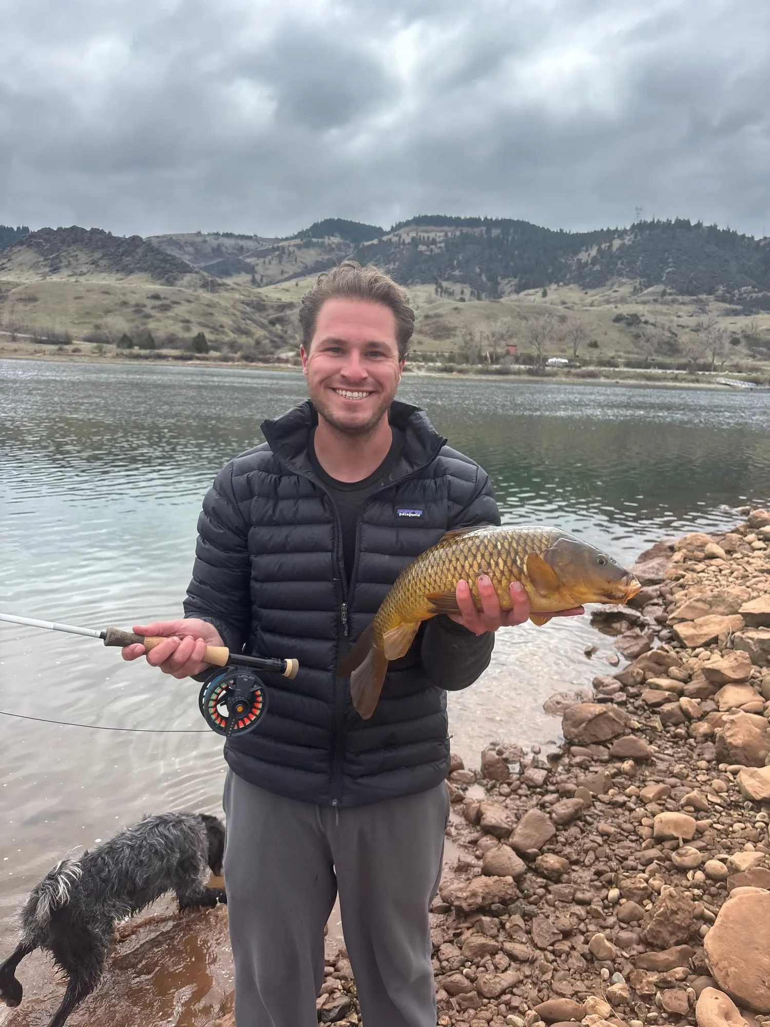 A carp on the shoreline with the dog