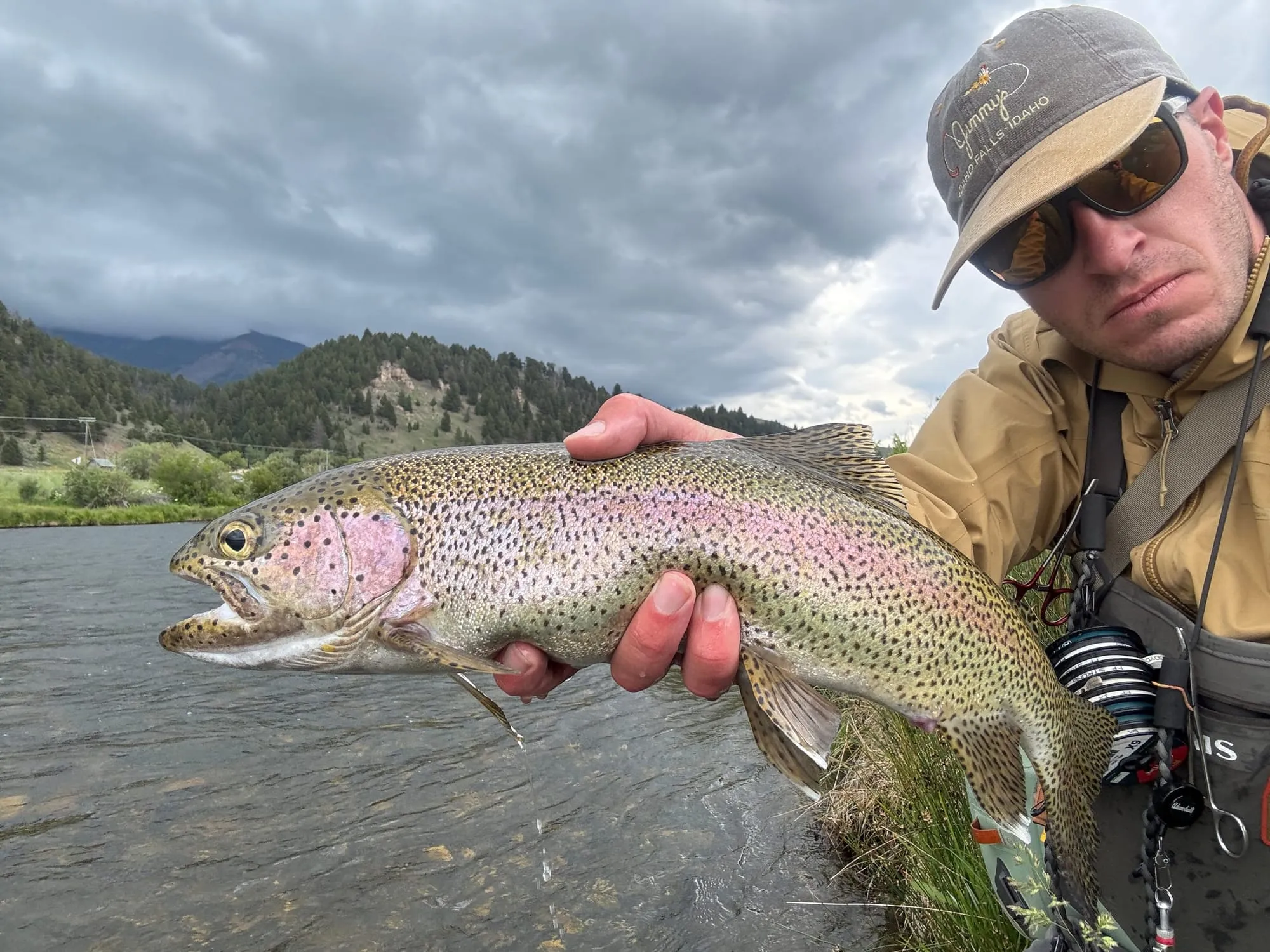 A big rainbow trout under a cloudy sky