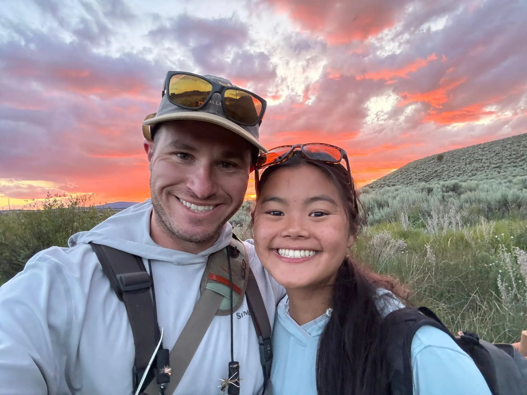 Selfie under a red sunset sky