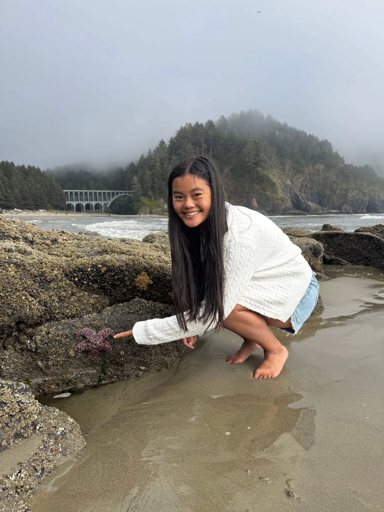 Exploring tide pools on a foggy coast