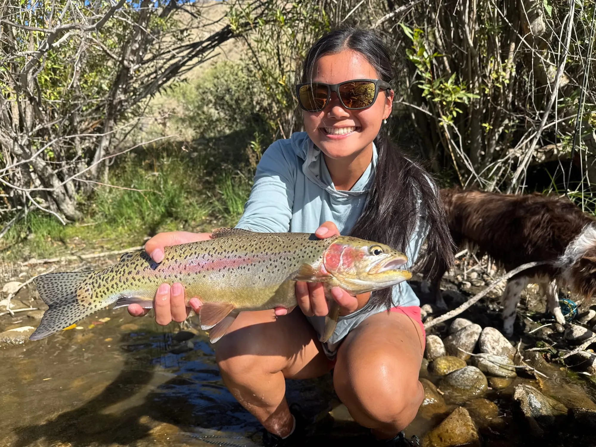A rainbow trout held up in a creek