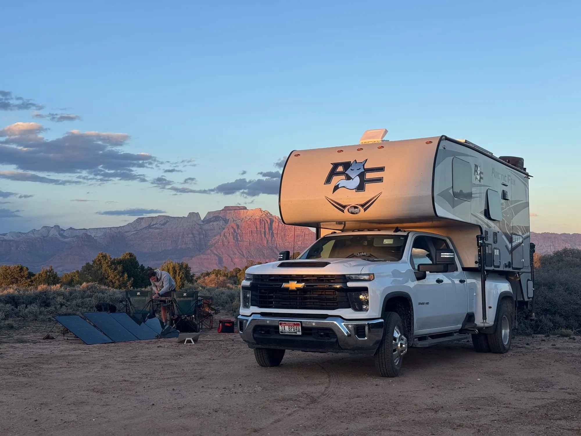 The truck camper at camp in the evening